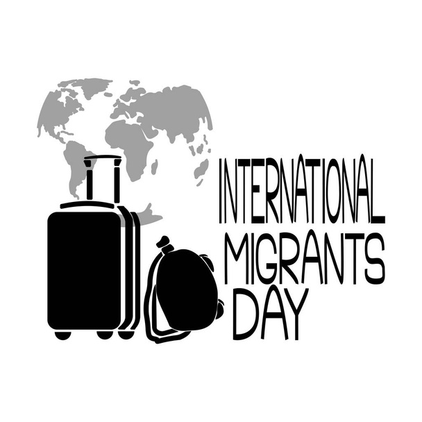 Міжнародний день мігрантів (англ. International Migrants Day), силует валізи та сумочки з дафелем на тлі ілюстрації вектора мапи світу. - Вектор, зображення
