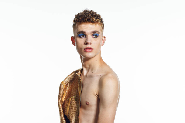man with bright female makeup posing transgender freedom discrimination - Valokuva, kuva