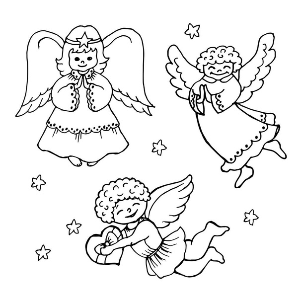 Illustrazione natalizia, set di disegni a mano contorno carino preghiera angeli con cuore, biglietto per la famiglia, bambini - Vettoriali, immagini