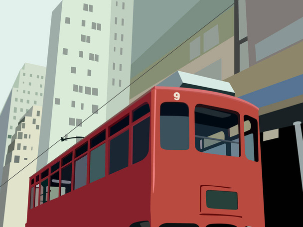 Illustration einer alten Straßenbahn auf einer Stadtstraße für Innendekoration, Banner und Werbung von Reiseunternehmen - Vektor, Bild