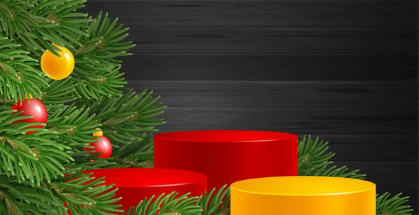 Kerst en Nieuwjaar feestelijke reclame achtergrond met product podia onder dennenbomen takken, versierd met kerstballen. Donker houten planken op de achtergrond. Vectorillustratie. - Vector, afbeelding