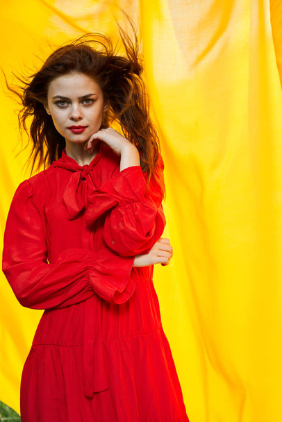 pretty woman in red dress nature yellow cloth on background - Foto, Bild