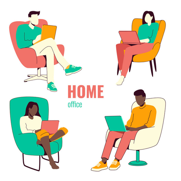 Halmaza illusztrációk az emberek laptopok a modern fotelekben. Otthoni iroda vagy oktatás, távoli munka. Minimalista illusztrációk rajzfilm stílusban. Egy laptopon dolgozni. - Vektor, kép