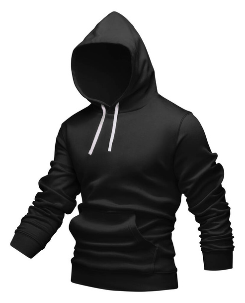 Black hoodie mockup. Hoodie sweatshirt raised long sleeve with clipping path, isolated on white background. Hoody template design for print. Half turn. - Photo, Image