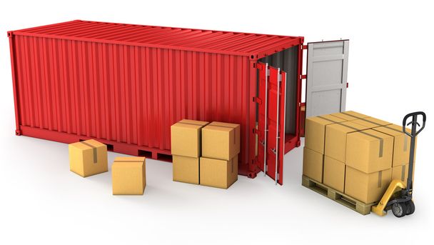 Красный открытый контейнер и много коробок на поддоне
 - Фото, изображение