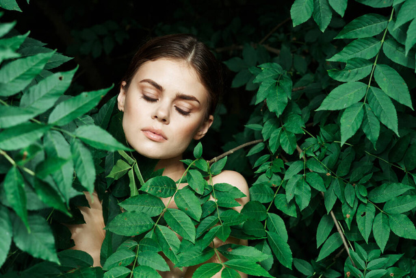 attractive woman green leaves clean skin nature summer Lifestyle - Fotoğraf, Görsel