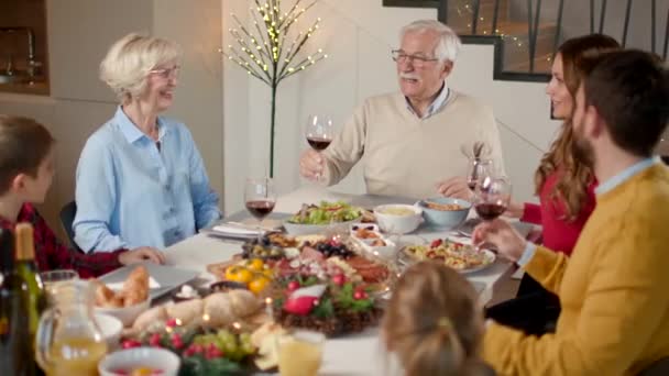 Famiglia felice che cena con vino rosso a casa - Filmati, video