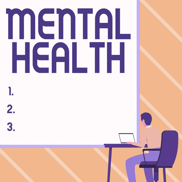 Inspiráló szöveg a mentális egészségről. Üzleti áttekintés személyek állapotát tekintve a pszichológiai jólét Man Ülő fotel Laptop segítségével elhelyezett asztalra nagy üres fórumon. - Fotó, kép