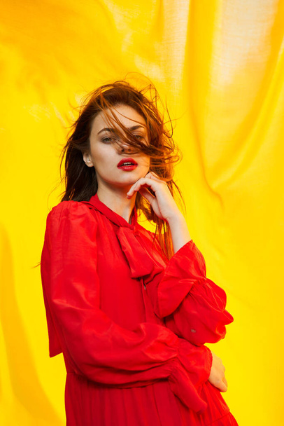 pretty woman in red dress nature yellow cloth on background - 写真・画像