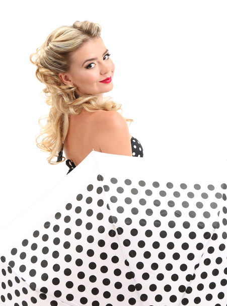 Beautiful glamour girl with umbrella, isolated on white - Foto, Imagem