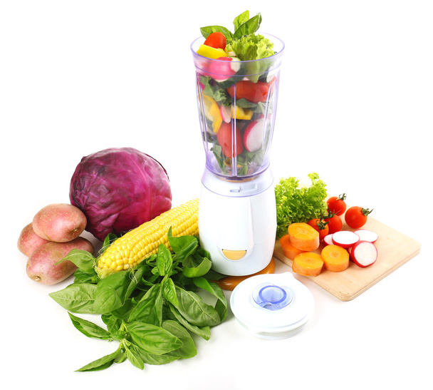 Blender with fresh vegetables isolated on white - Photo, image