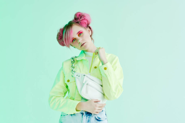 hipster woman pink hair posing fashion clothes isolated background - 写真・画像
