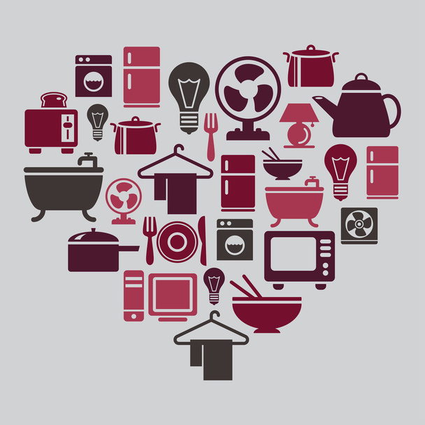 Houseware Icons in Heart Shape - Vector, Image