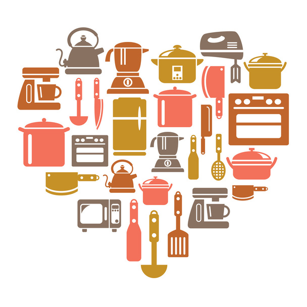 Küchenutensilien und Geräte Symbole in Herzform - Vektor, Bild