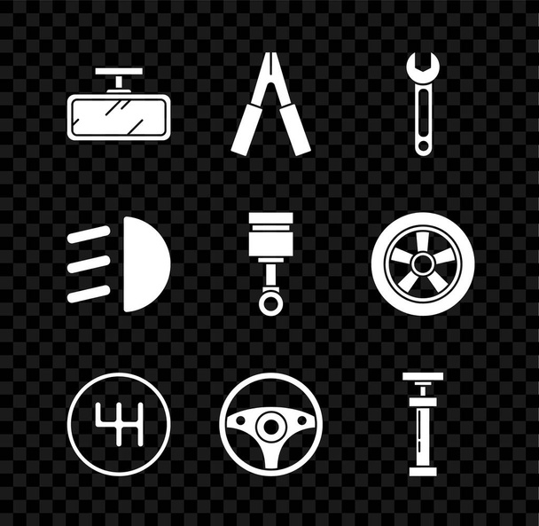 Set auto zrcátko, bateriový jumper napájecí kabel, klíč, řadící páka, volant,, dálkové světlo a motor píst ikona. Vektor - Vektor, obrázek