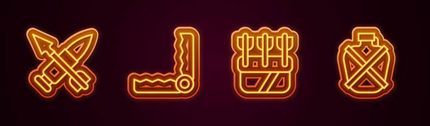 Set line Crossed bullet with arrow, Trap hunting, Quiver arrows and Canteen water bottle. Glowing neon icon. Vector - Vector, Image