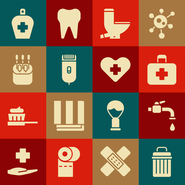 Set Trash can, Water tap, First aid kit, Toilet bowl, Electrical hair clipper or shaver, Cotton swab for ears, Bottle of liquid antibacterial soap and Heart with cross icon. Vector - ベクター画像