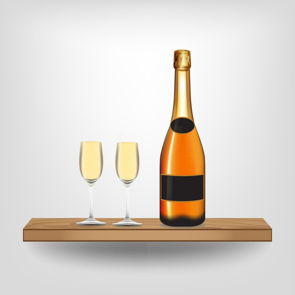 şampanya şişesi ve cam ahşap raf - Vektör, Görsel