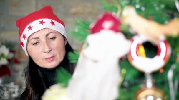 Frau bereitet Weihnachtsbaum zu Hause zu und trägt Weihnachtsmütze - Filmmaterial, Video