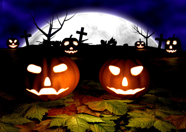 Gruseliger Halloween-Hintergrund mit Kürbissen auf einem Friedhof - Foto, Bild