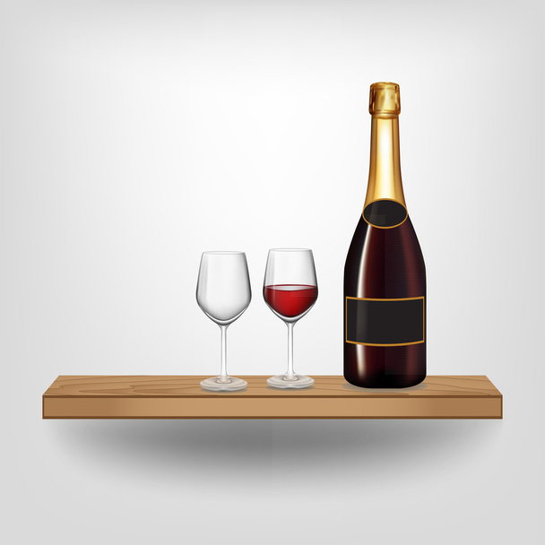 κόκκινο φιάλη κρασιού και το ποτήρι στο ξύλινο ράφι - Διάνυσμα, εικόνα