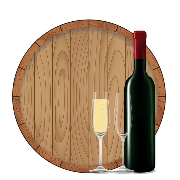 láhev vína se sklem a barel - Vektor, obrázek