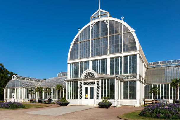 GOTHENBURG, SWEDEN - JULY 24, 2021: Glass greenhouse. The public Palm House, Garden Society in Gothenburg July 24, 2021. - Foto, Imagen