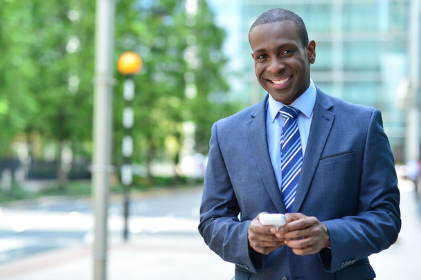 Smiling businessman holding smartphone  - Photo, Image