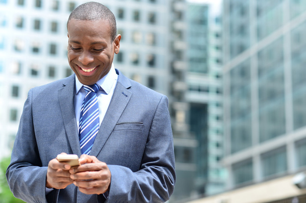 Smiling businessman using his smartphone - Zdjęcie, obraz
