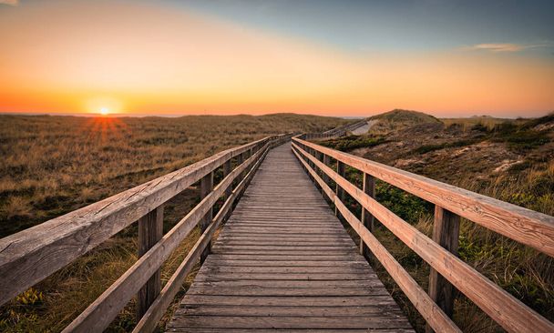 A wooden path through meadows under a sunset sky - Zdjęcie, obraz