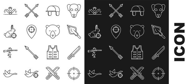 Set line Target sport for shooting competition, Hunter knife, Hipster arrow tip, hat, place, rabbit with crosshairs, Trap hunting and Bear head icon. Vector - Vector, Image