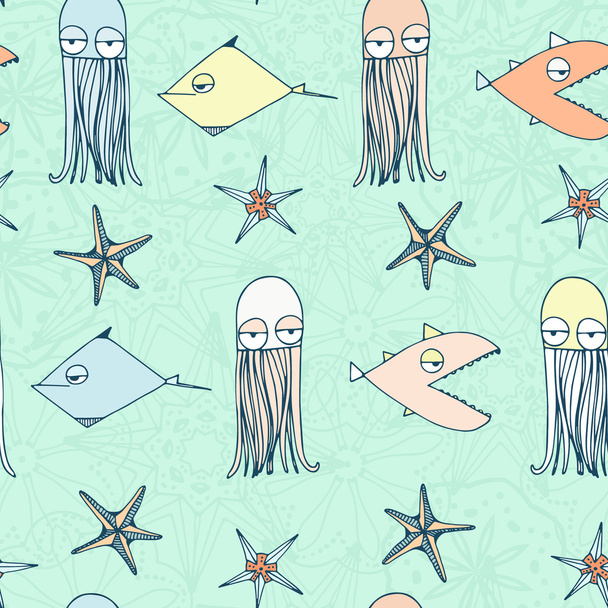 Cute hand drawn seamless pattern with water creatures - Vecteur, image