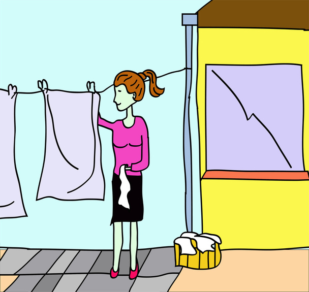 Иллюстрация женщины, вешающей одежду снаружи
 - Вектор,изображение