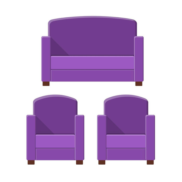 Stylish comfortable modern sofa and armchairs in flat style isolated on white background. Part of the interior of a living room or office. Soft furniture for rest and relaxation. Vector illustration - Vecteur, image
