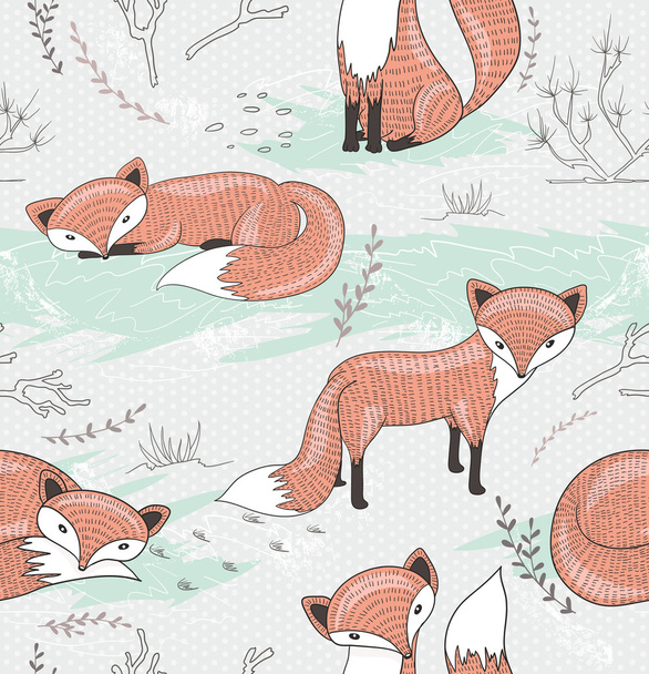 Cute seamless pattern with little foxes. - Διάνυσμα, εικόνα