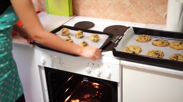 Mujer toma en forma de masa de galletas y lo pone en el horno - Metraje, vídeo