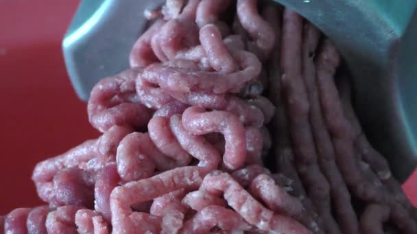 Ein Fleischwolf zerkleinert rohes Fleisch zu Hackfleisch  - Filmmaterial, Video