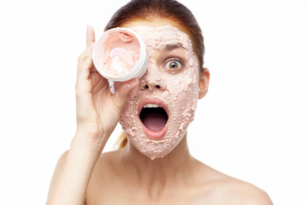 emotional woman cream face mask bare shoulders health - Zdjęcie, obraz