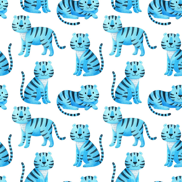 Seamless pattern with blue tigers. Endless ornament of the new year 2022 on a white background. A watercolor drawing of a cute, cartoon animal . Print for gift packaging, wallpaper, paper, fabric - Photo, Image