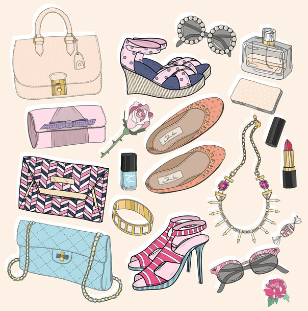 Set accessori moda. Fondo con borse, occhiali da sole, scarpe
 - Vettoriali, immagini