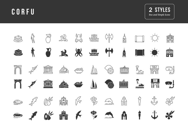 Corfu. Collection of perfectly simple monochrome icons for web design, app, and the most modern projects. Universal pack of classical signs for category Cities and Countries. - Vector, Image