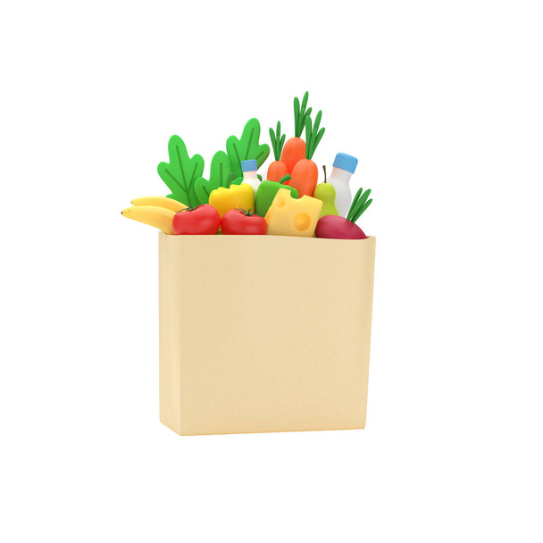Paper bag with food in a cartoon style. Food delivery. Healthy food with eco-friendly packaging isolated on white, zero waste. 3d rendering. - Photo, Image