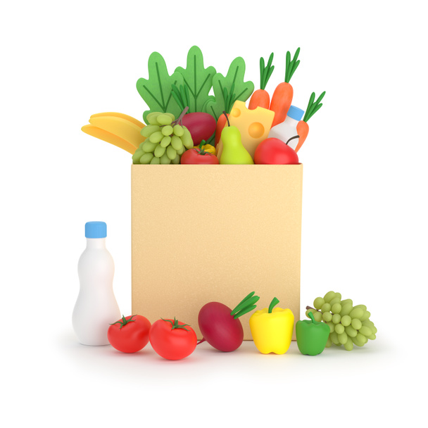 Bevásárlókészlet. Termékek az egészséges táplálkozás fogyás papír csomagolásban. Vegetáriánus kaja. Egy zacskó friss gyümölcs és zöldség. 3D-s renderelés. - Fotó, kép