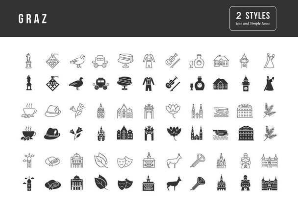 Graz. Sammlung vollkommen einfacher monochromer Symbole für Webdesign, App und die modernsten Projekte. Universelles Paket klassischer Schilder für Städte und Länder. - Vektor, Bild