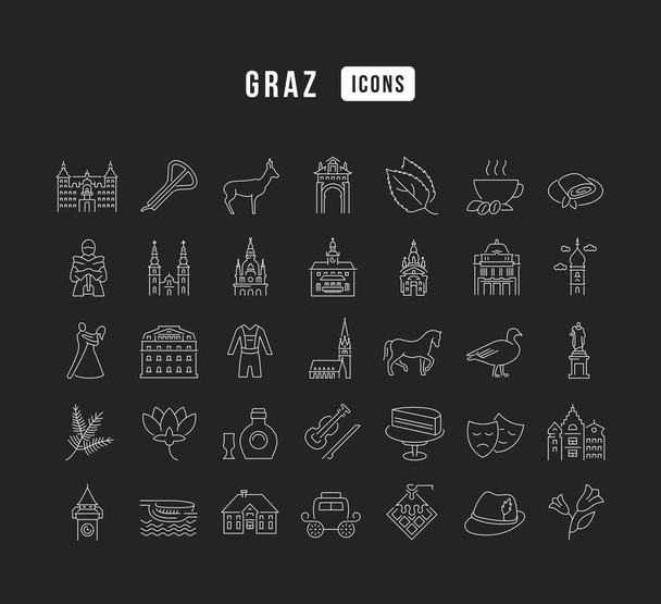 Graz. Colección de iconos perfectamente delgados para el diseño web, la aplicación y los proyectos más modernos. El kit de signos para la categoría Países y Ciudades. - Vector, Imagen