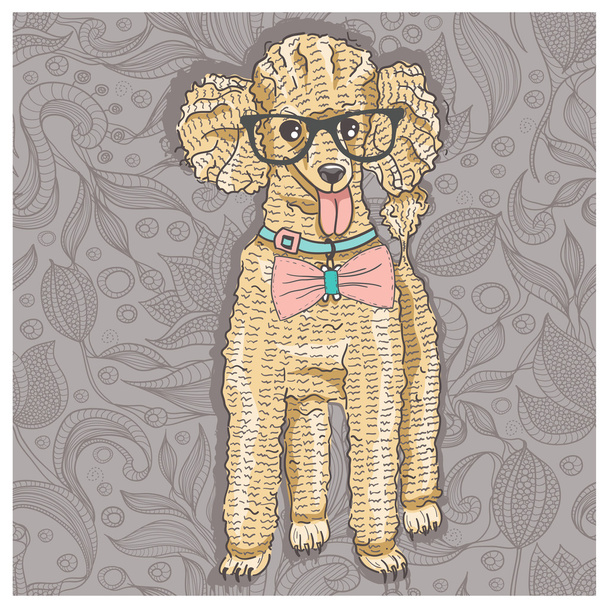 Hipster poedel met glazen en bowtie. schattige puppy illustratie voor kinderen en jonge geitjes. hond achtergrond. - Vector, afbeelding