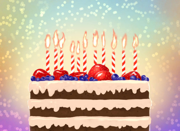 syntymäpäiväkortti herkullisella juhlallisella syntymäpäiväkakulla kynttilöillä, jotka palavat ja kirkkaalla taustalla - Valokuva, kuva