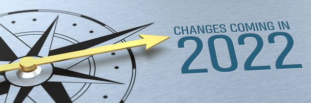 Kompasová jehla směřující na text Změny přicházející v letech 2022 - 3d vykreslení - Fotografie, Obrázek