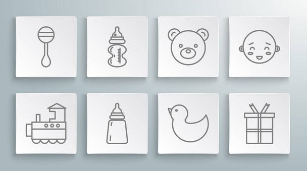 Set line Toy train, Baby bottle, Rubber duck, Gift box, Teddy bear plush toy, Happy little boy head and Rattle baby icon. Vector - Vector, Image