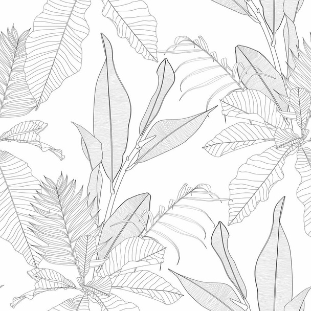 Tropical exótica línea floral negro hojas de palma blanca y flores patrón sin costuras, fondo de línea. Fondo de pantalla selva exótica. - Vector, imagen